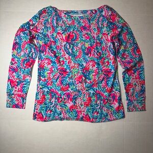 Lilly Pulitzer Vibrant Pink and Blue Floral Long Sleeve Top